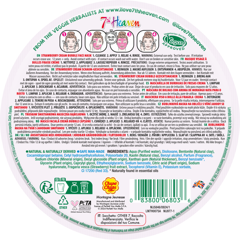 Masca de fata spuma cu acid hialuronic si capsuni 7TH HEAVEN CHUPA CHUPS