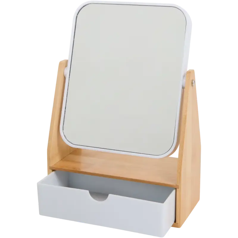 Oglindă de bambus cu organizator și lupă – înclinare reglabilă, depozitare practică