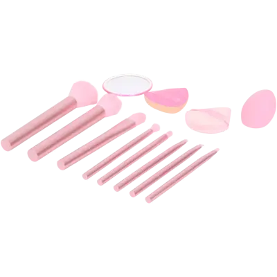 Set accesorii pentru machiaj 12 piese - pensule, burete, pufuri și oglindă, roz elegant